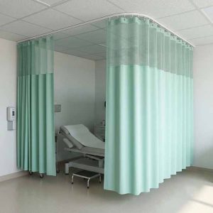 Rèm phòng khám kháng khuẩn màu xanh ngọc nhạt có lưới thoáng khí phía trên