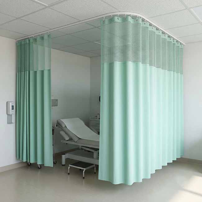 Rèm phòng khám kháng khuẩn màu xanh ngọc nhạt có lưới thoáng khí phía trên
