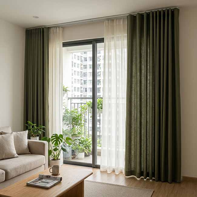 Rèm vải 2 lớp kết hợp voan màu xanh olive cho phòng khách hiện đại