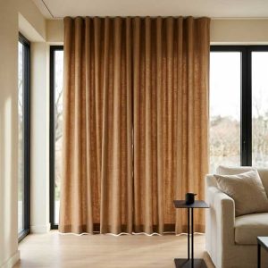 Rèm vải bố màu nâu caramel trang trí phòng khách hiện đại