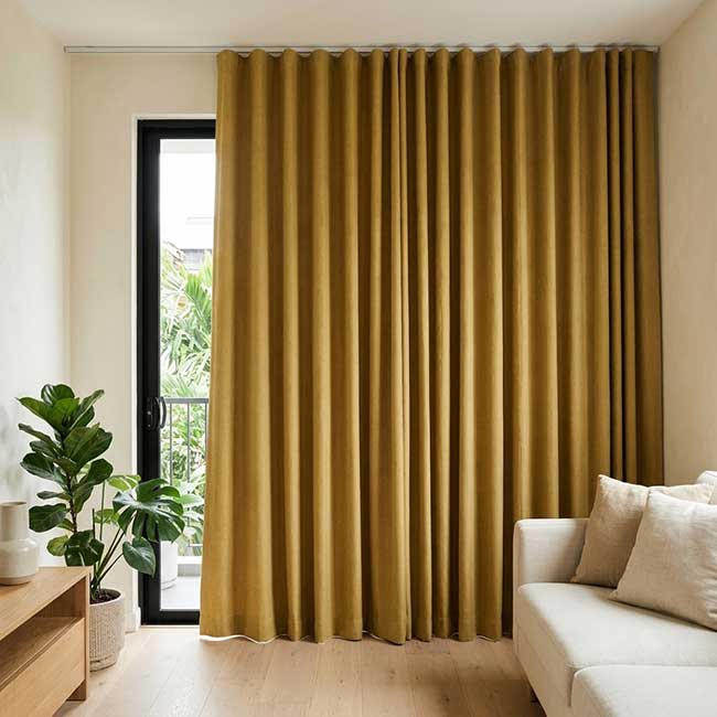 Rèm vải cách nhiệt màu vàng mù tạt trầm cho nhà phố hiện đại